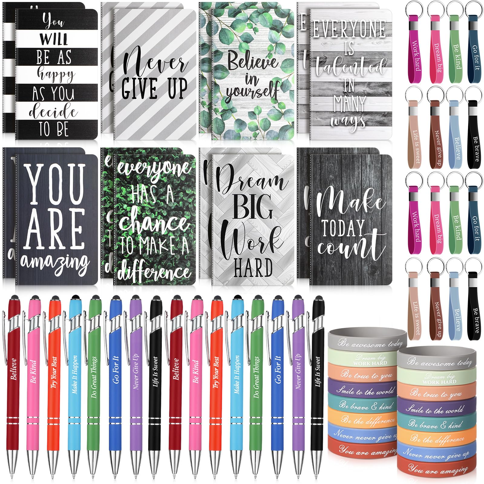 PerKoop 64 Pcs Inspirational Gifts Bulk 16 Motivational Notebooks Journal 16 Ballpoint Pens 16 Wristbands 16 Keychains for Teacher Office Women