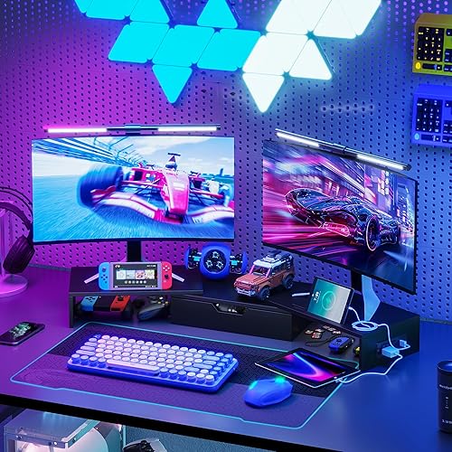 Miniatura 6 de Elephance Soporte de monitor dual con puertos USB, soporte de madera para monitor de computadora con cajón, soporte elevador de monitor ajustable,