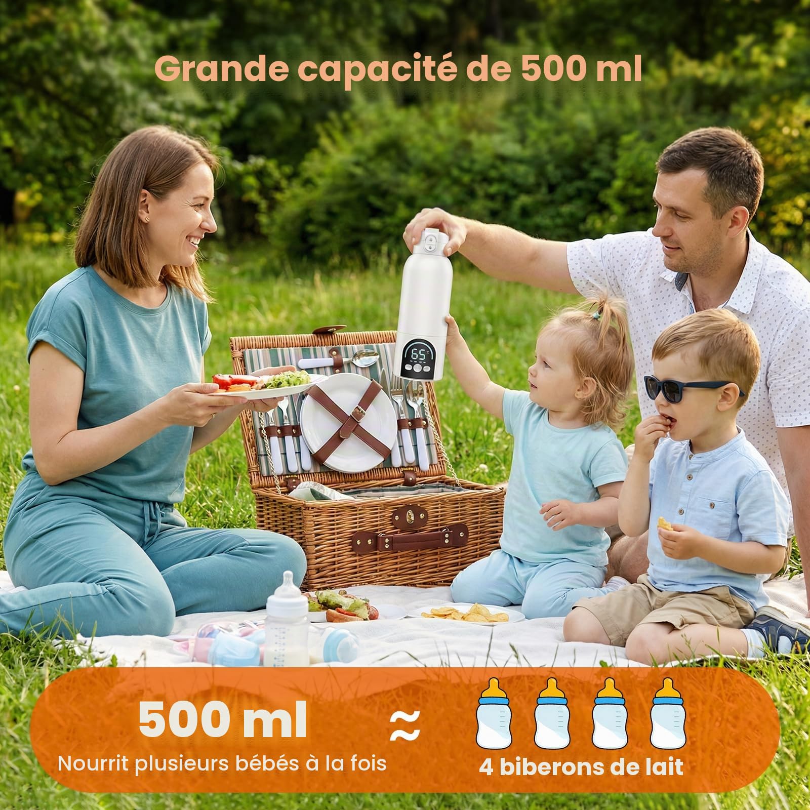 Chauffe biberon portable, 500 ml, chauffe rapide 140 W pour lait maternel et eau, chauffe biberon nomade avec régulation précise 35–70 °C, batterie 12000mAh