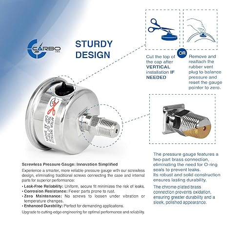 Miniatura 9 de CARBO Instruments Manómetro de presión de combustible de 1-12", Caja de acero inoxidable 304, Conexión de latón cromado, relleno de glicerina, 0-15