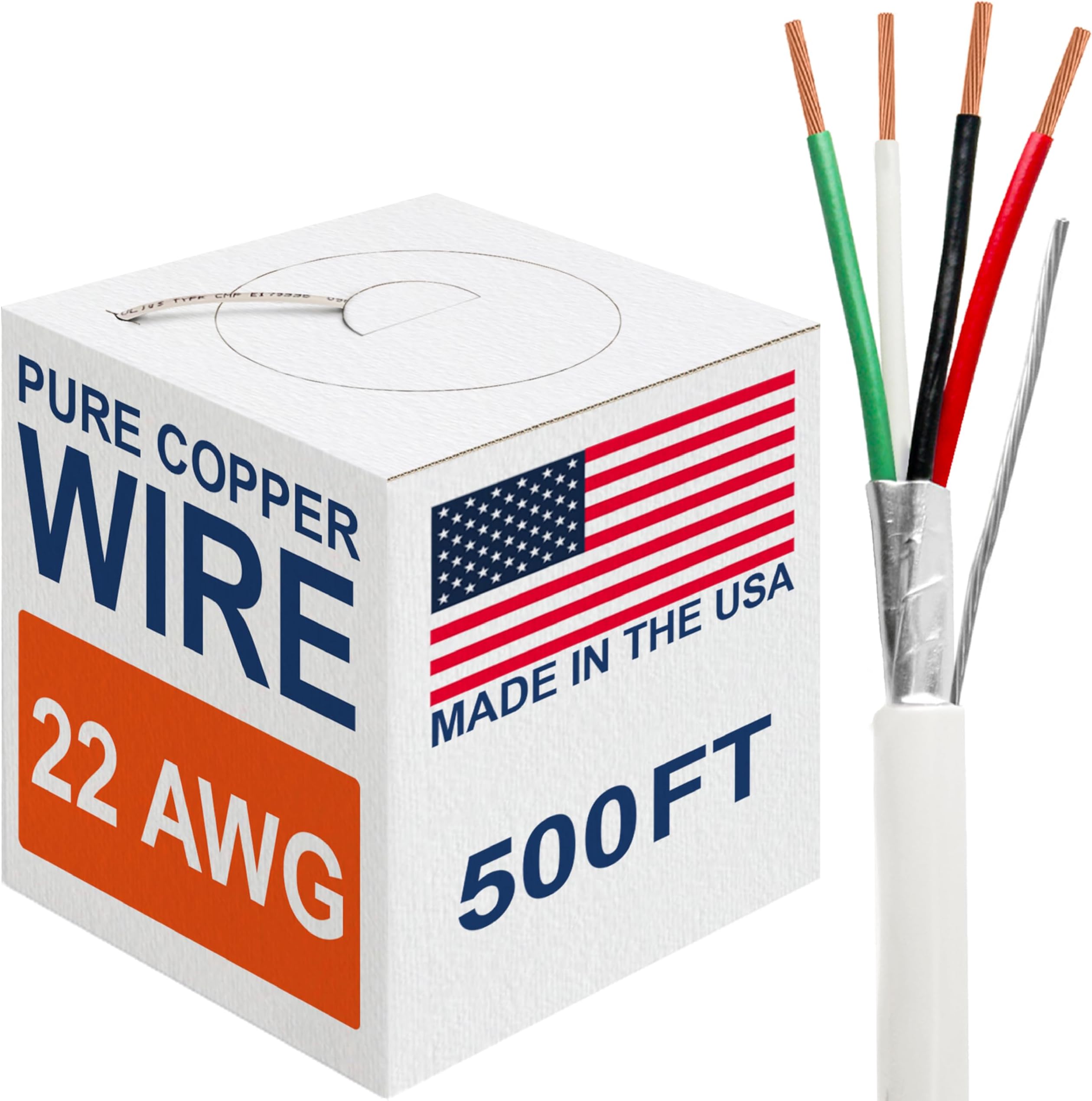 Custom Cable Connection 22 AWG 4 Conductor Stranded Shielded Plenum Cable White CL3P Jacket for Security/Alarm/Access Control/Sound - 500 FootPull Box