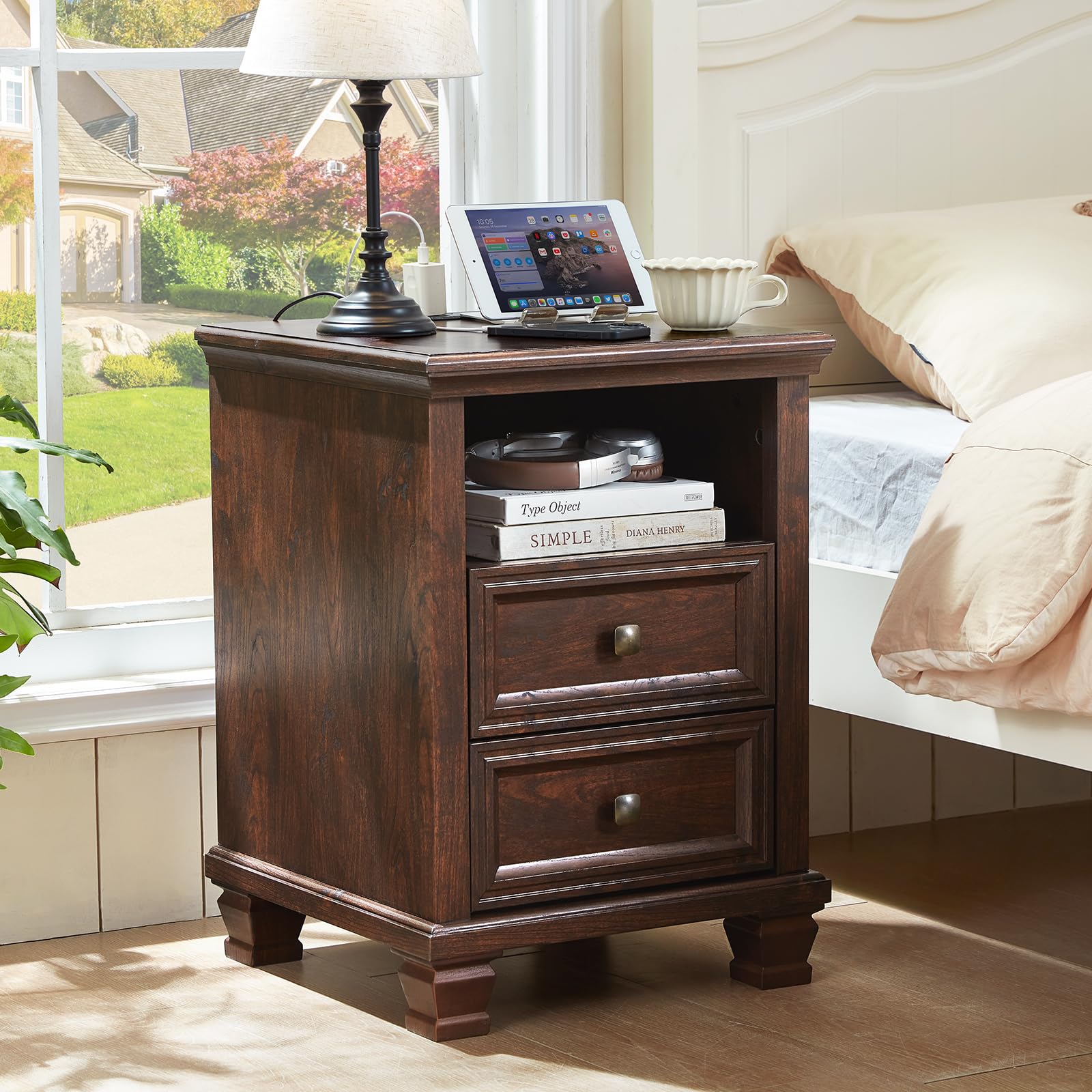 SAVOR LIFE Farmhouse Nightstand with Charging Station