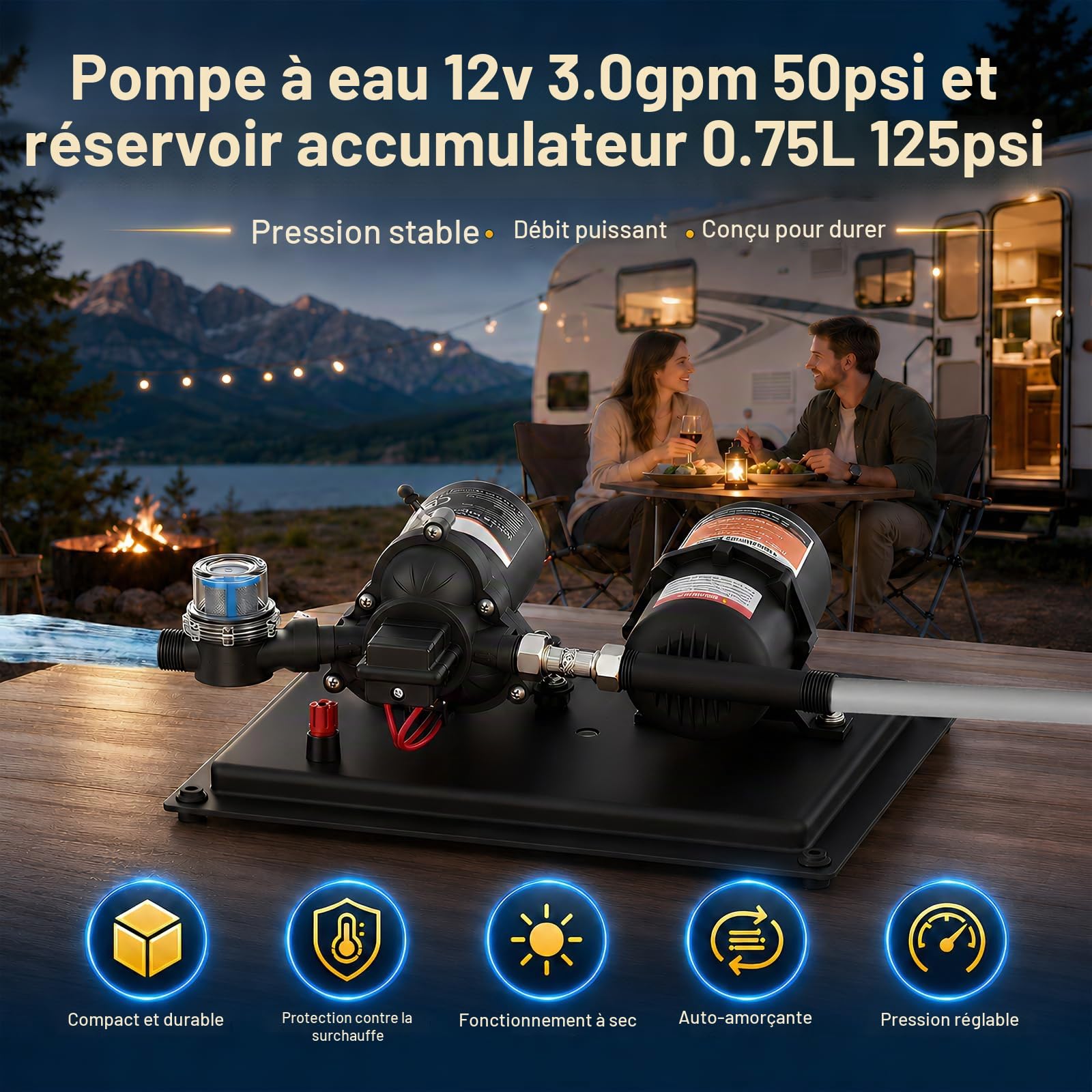 Système de pression d'eau CC 12 V avec réservoir de pression de 0,75 l, pompe à membrane auto-amorçante 3,0 GPM 50 PSI avec filtre et réglage de pression, pompe d'alimentation en eau silencieuse pour