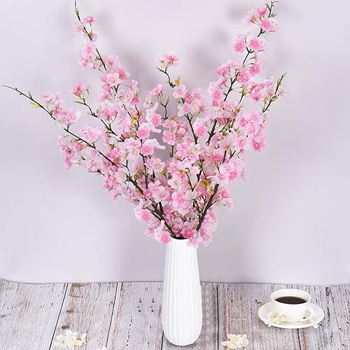 Miniatura 2 de Flor brillante, 4 flores artificiales de cerezo, arreglos de flores de durazno de seda, planta artificial alta de 42.9 pulgadas de alto, para boda,