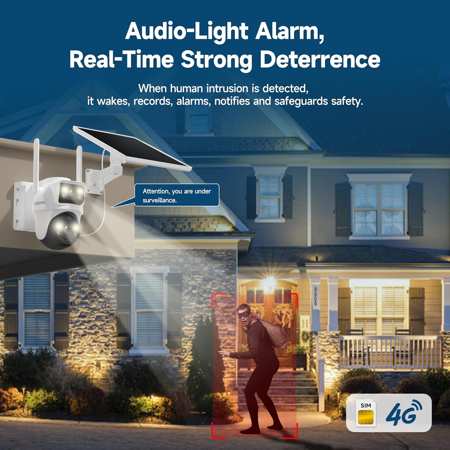 V380 MAX BP9 4G Solar Security Camera with audio-light alarm feature