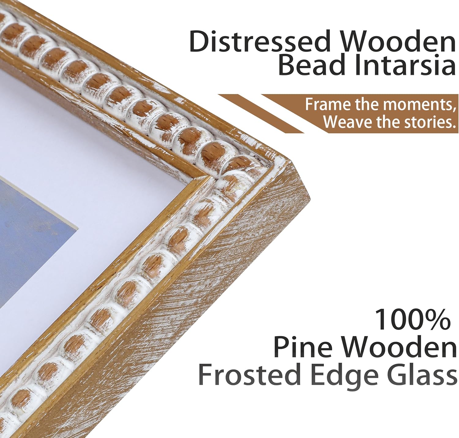 11x14 Rustic Picture Frame with Mat for 8x10, Farmhouse Boho Deco Distressed Beaded Wooden Real Glass, Vertical or Horizontal Display Photo Gallery Wall & Tabletop Frame, Natural