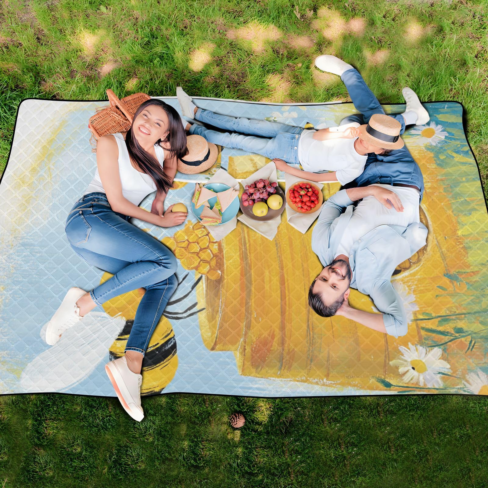 Lake Day Essentials składana przenośna mata do zabawy na zewnątrz 200 x 380 cm na rodzinne artykuły piknikowe, zbierająca pszczoła miód ul