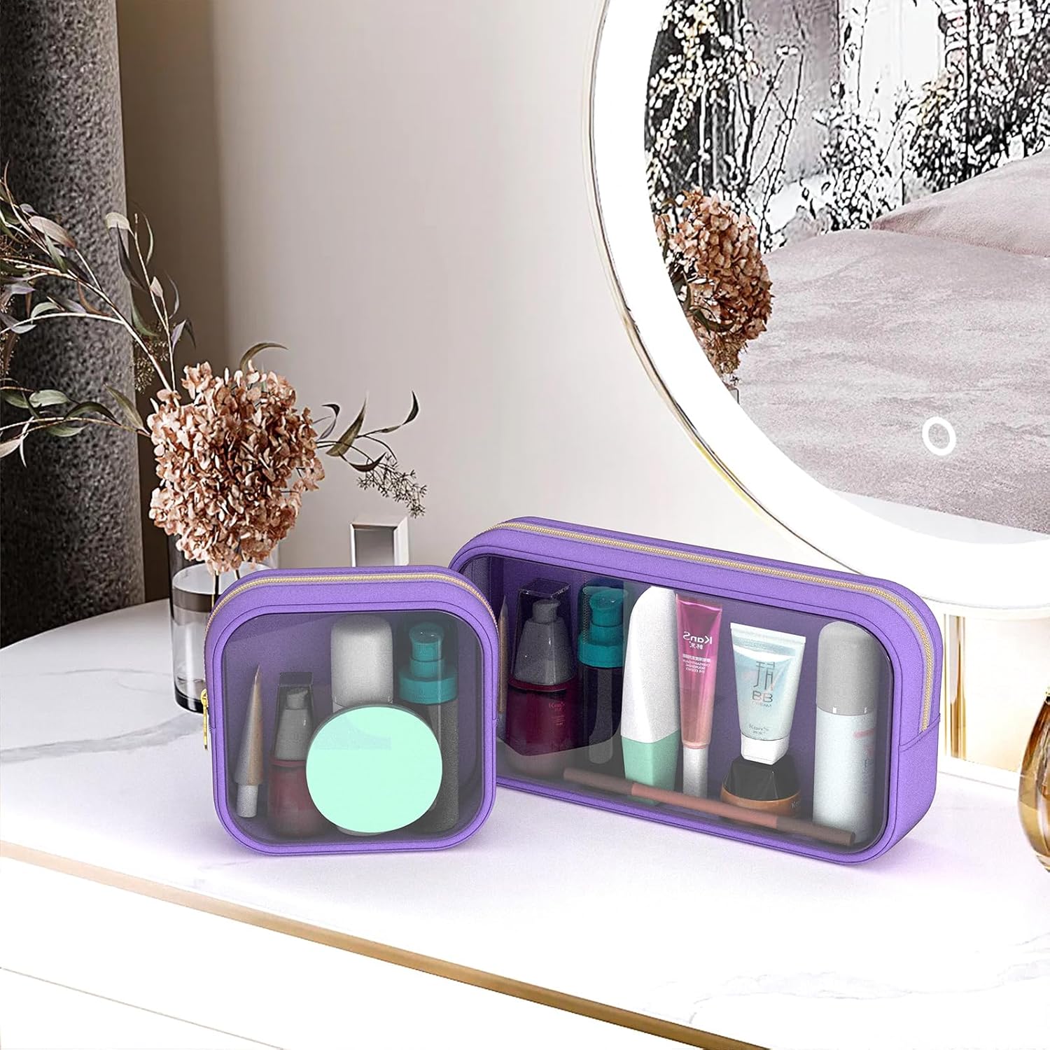 Clear Makeup Bag Set of 2, TSA Approved Waterproof Travel Cosmetic Bag, PVC Nylon Portable Makeup Organizer Bags for Women (Purple) - Image 6