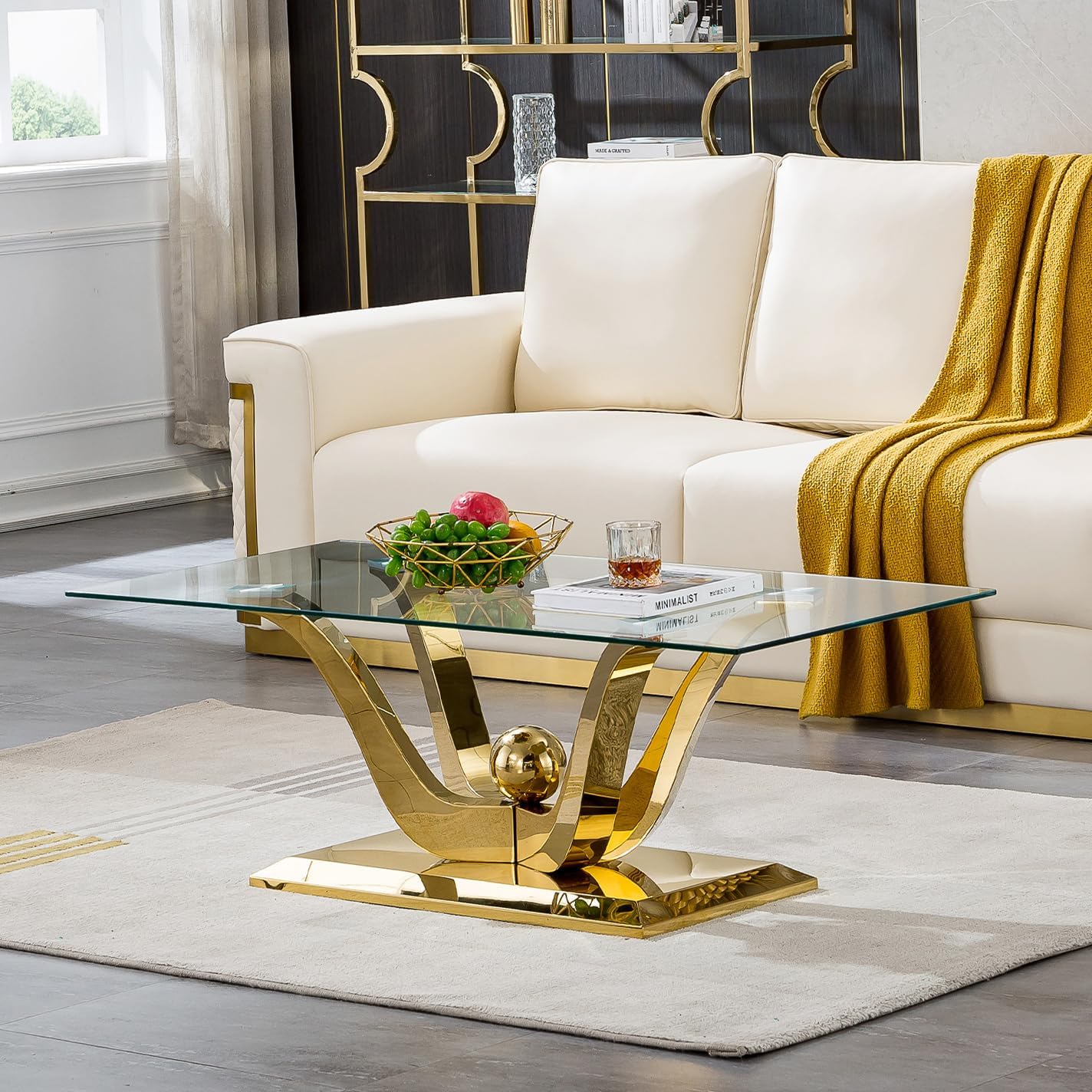 Henf Luxury Gold Glass Coffee Table for Living Room Modern 47" Rectangular Center Table Cocktail Table with Mirror Finish Stainless Steel Base and Clear Glass Top for Home Office Apartment (Gold)