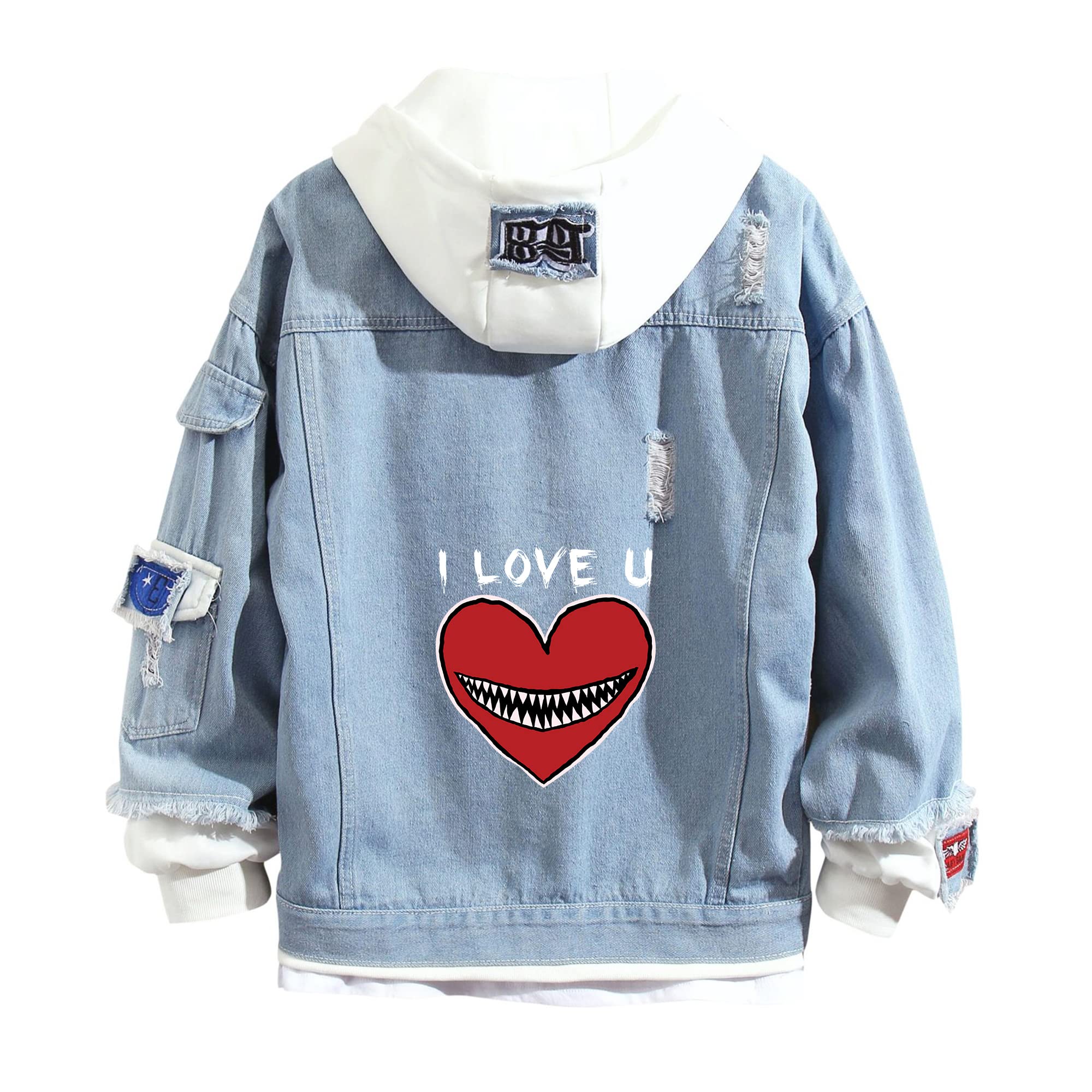 Lpstop Neuheit Rotes Herz Jeansjacke Liebesherz mit Smile Teeth Print Hoodie Y2K Jacke für Damen Herren