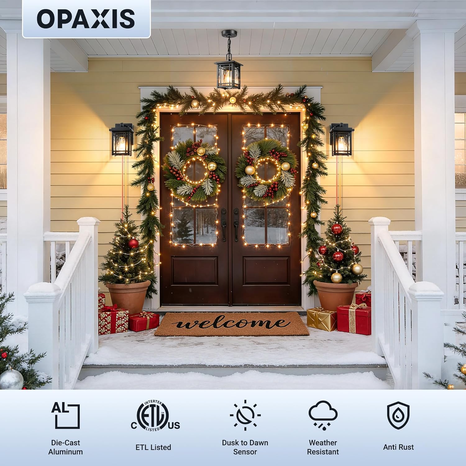 5.7in Black Outdoor Pendant Light, 1-Pack Outdoor Hanging Lights with Photocell Sensor, 1-Pack Exterior Chandelier for Porch, Waterproof Outdside Pendant Lantern with Adjustable Chain