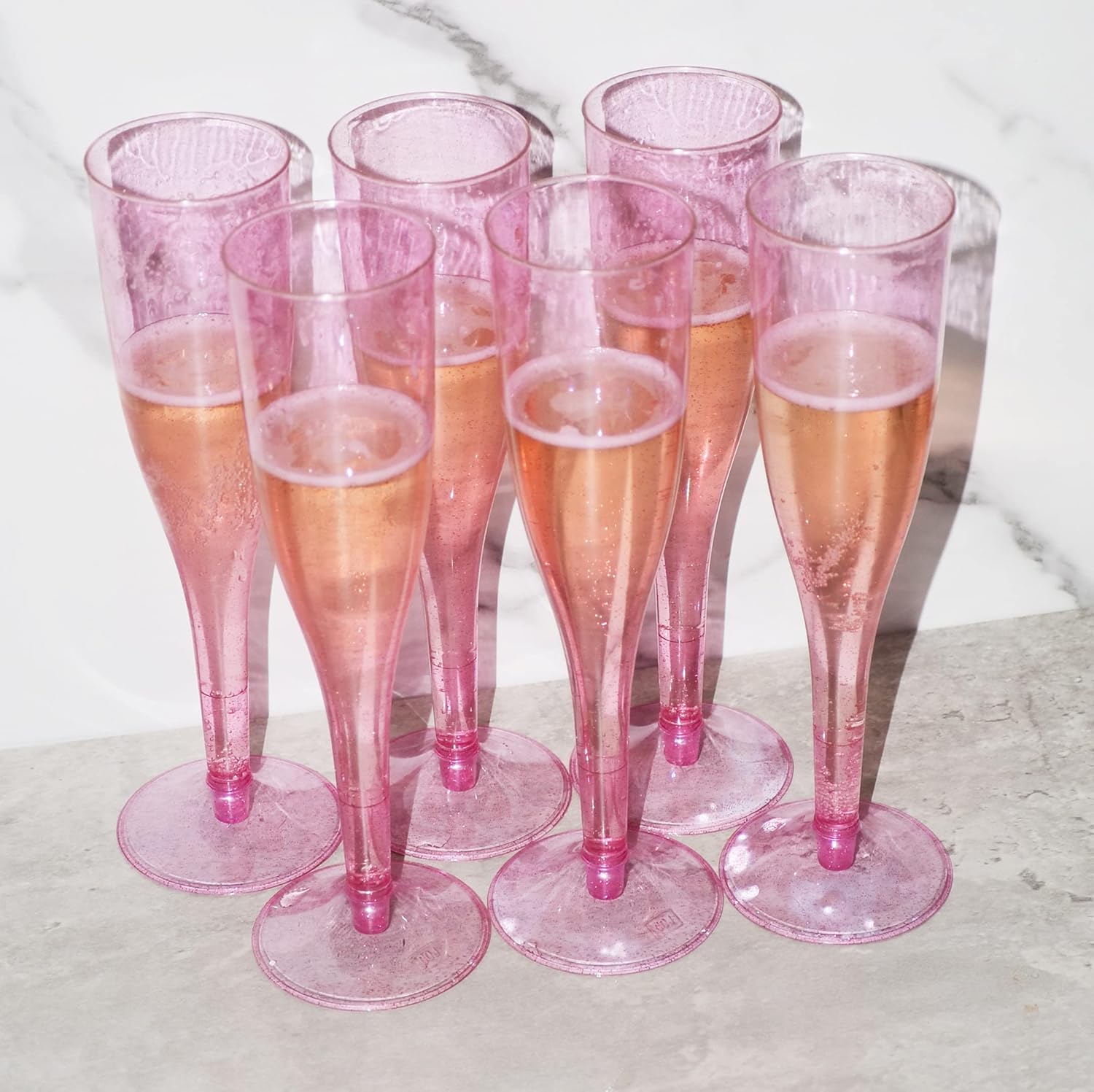 Homy Feel Pink Glitter Plastic Champagne Flutes 30 Pack, 6.5 OZ Disposable Plastic Wine Glasses, Reusable Champagne Glasses, Mimosa Bar Glasses for Bridal Shower Birthday Wedding
