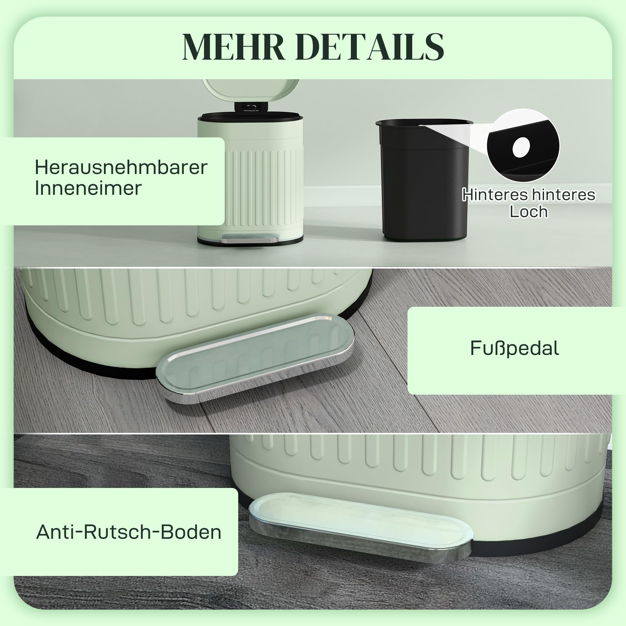 HOMCOM Mülleimer 20L mit Deckel und Fußpedal Grün 36,5 x 31,2 x 45 cm | Mit Deckel und Fußpedal, Müllbehälter mit Herausnehmbarem Inneneimer, Soft-Close-Funktion, für Wohnzimmer, Büro