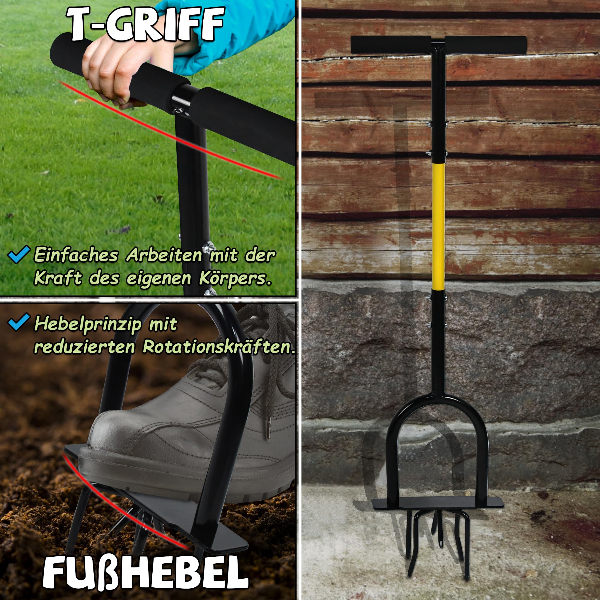 Froadp 3 en 1 Griffe de Jardin Grelinette avec Manche Beche Jardinage en Acier Outillage de Jardin avec 3 Charrues Griffe de Sol Manuelle Aération du Gazon pour Ameublir Labourer et Désherbage
