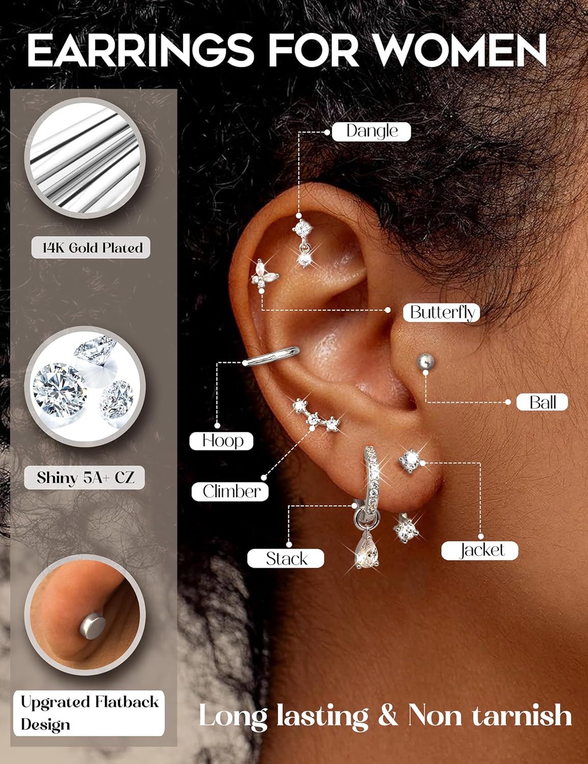 BESTEEL Hypoallergenic Flat Back Earrings Cartilage - Gold Silver Earring Stacks Surgical Stainless Steel Helix Tragus Conch Flatback Stud Hoop Earring Sets for Sensitive Ears Women Trendy Gift - Image 2