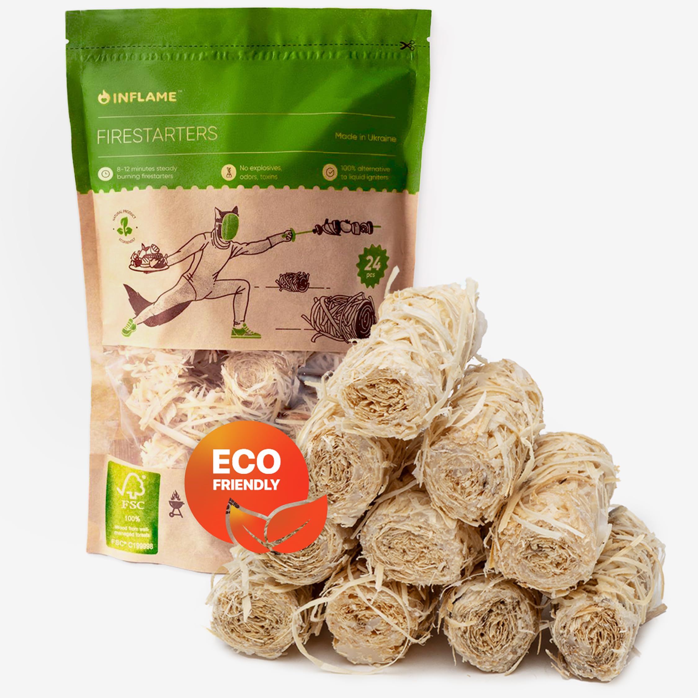 Inflame Fire Starters for Campfires, Grill, BBQ, Fireplace, Woodstove - Charcoal Starter - Waterproof, Weather-Resistant - Natural Wood Fireplace Starters - 24 pcs