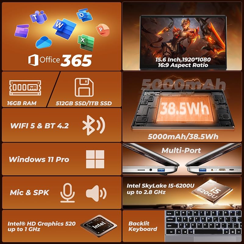 MOONFISH Gaming Laptop Computer 2026, 15.6 Inch Lap Top Pc Window 11 Pro, 16GB RAM 512GB SSD, Core i5 Processor(up to 2.8GHz), Backlit Keyboard, FHD 1920 * 1080, Office 365, Business, Student image 2