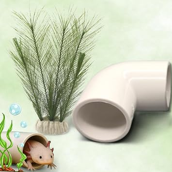 Axolotl Hide Tube and Silk Plants for Aquarium, Axolotl Cave and Aquatic Plant Set, Axolotls Hides and Green Plants, Aquarium Decor, Fish Tank Decorations, Turtle Tank Accessories White, 11 * 3.5in