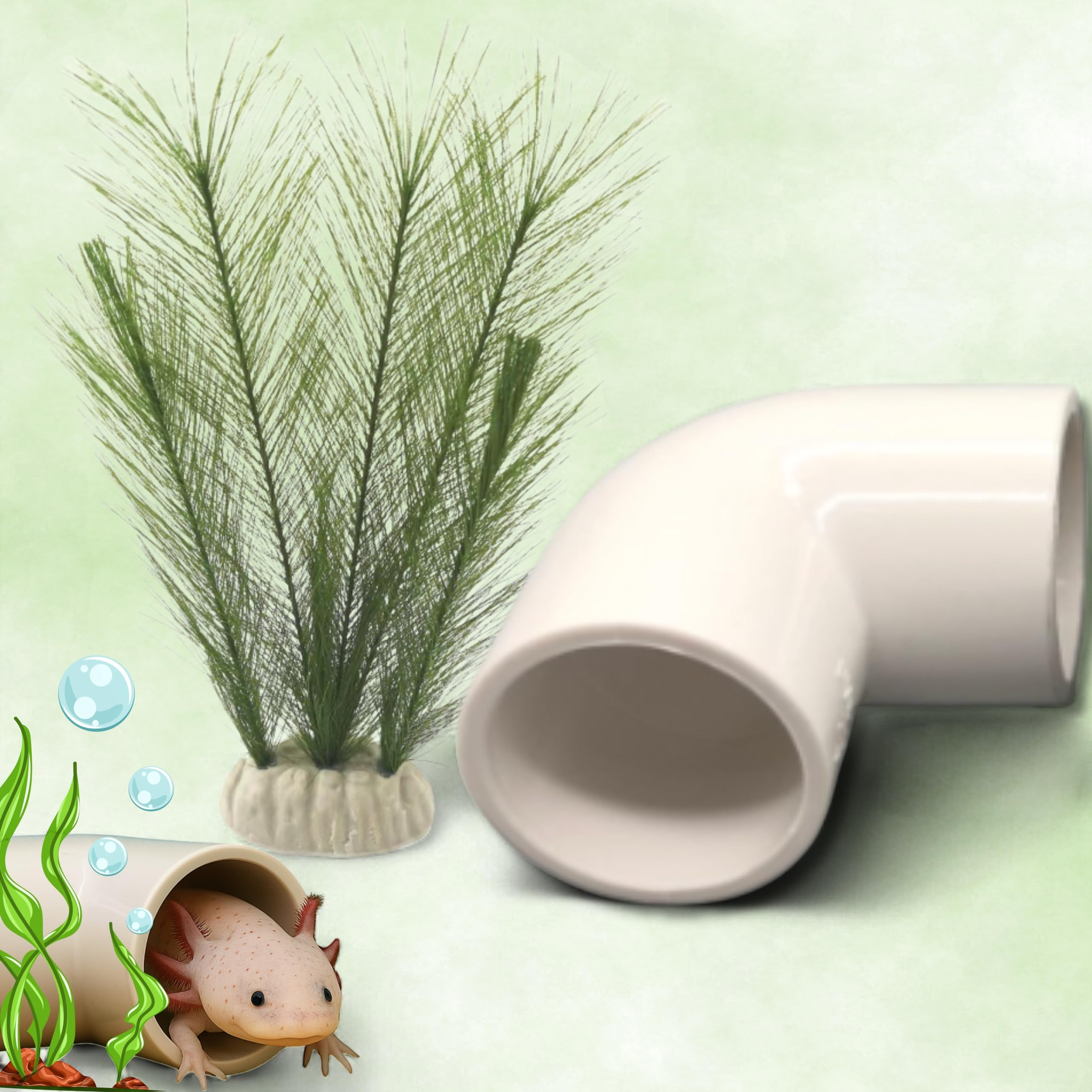 Axolotl Hide Tube and Silk Plants for Aquarium, Axolotl Cave and Aquatic Plant Set, Axolotls Hides and Green Plants, Aquarium Decor, Fish Tank Decorations, Turtle Tank Accessories (White, 11 * 3.5in)