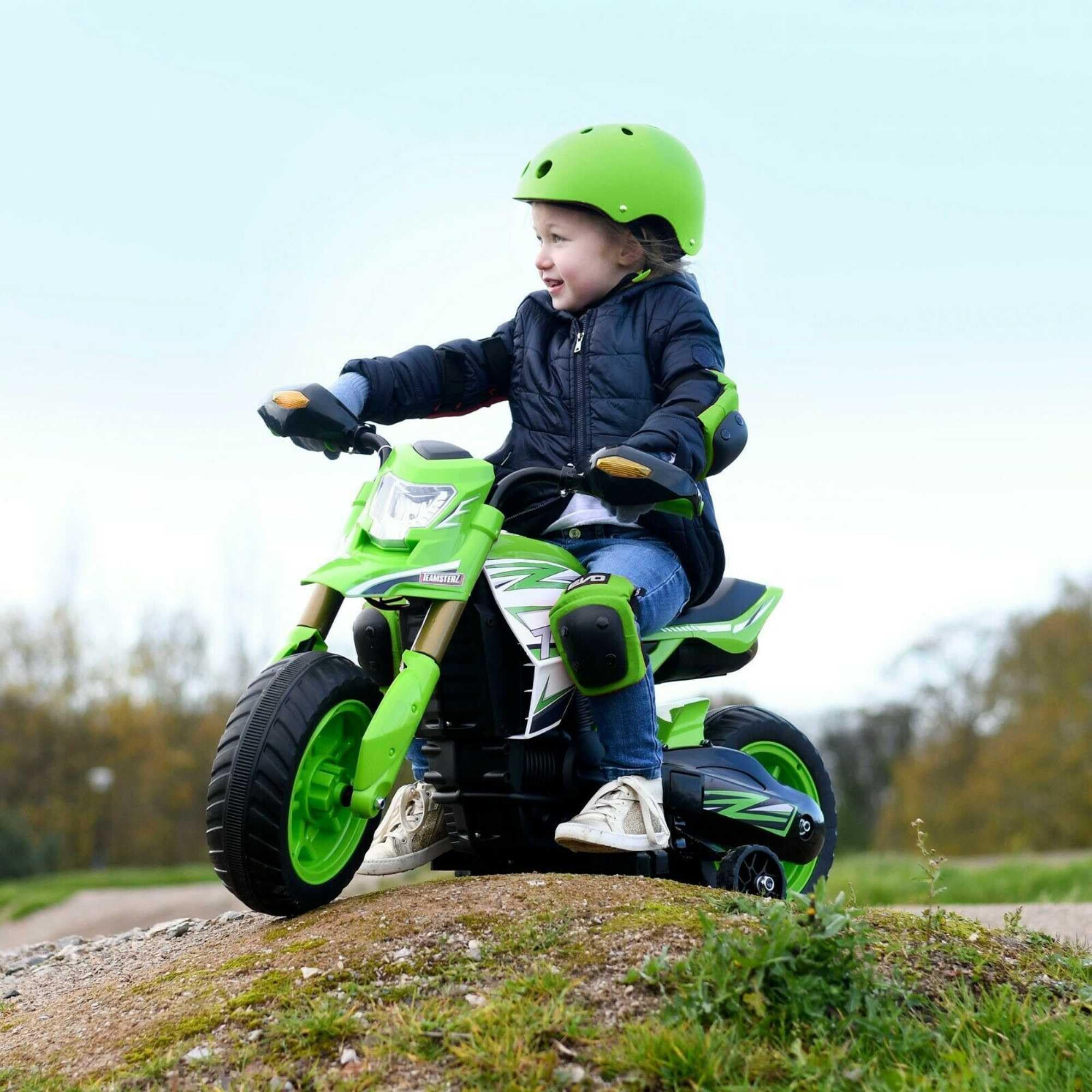 EVO Bicicletta elettrica da rally, 6 V, alimentata a batteria, fari, poggiapiedi, stabilizzatori rimovibili, veicolo da equitazione per bambini dai 3 anni in su