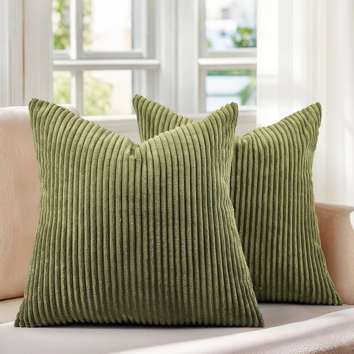 Set of 2 Olive Green Corduroy Decorative Throw Pillow Covers 16x16 Inch | Cozy Decor, Stiped Boho Cushion Covers, Soft Pillowcase for Couch Sofa Bed