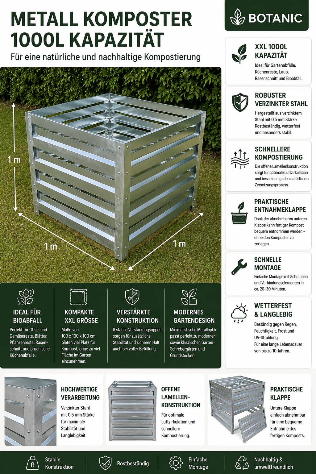 Composteur 1000 l en métal galvanisé pour jardin, durable, résistant aux intempéries (zinc (acier galvanisé))