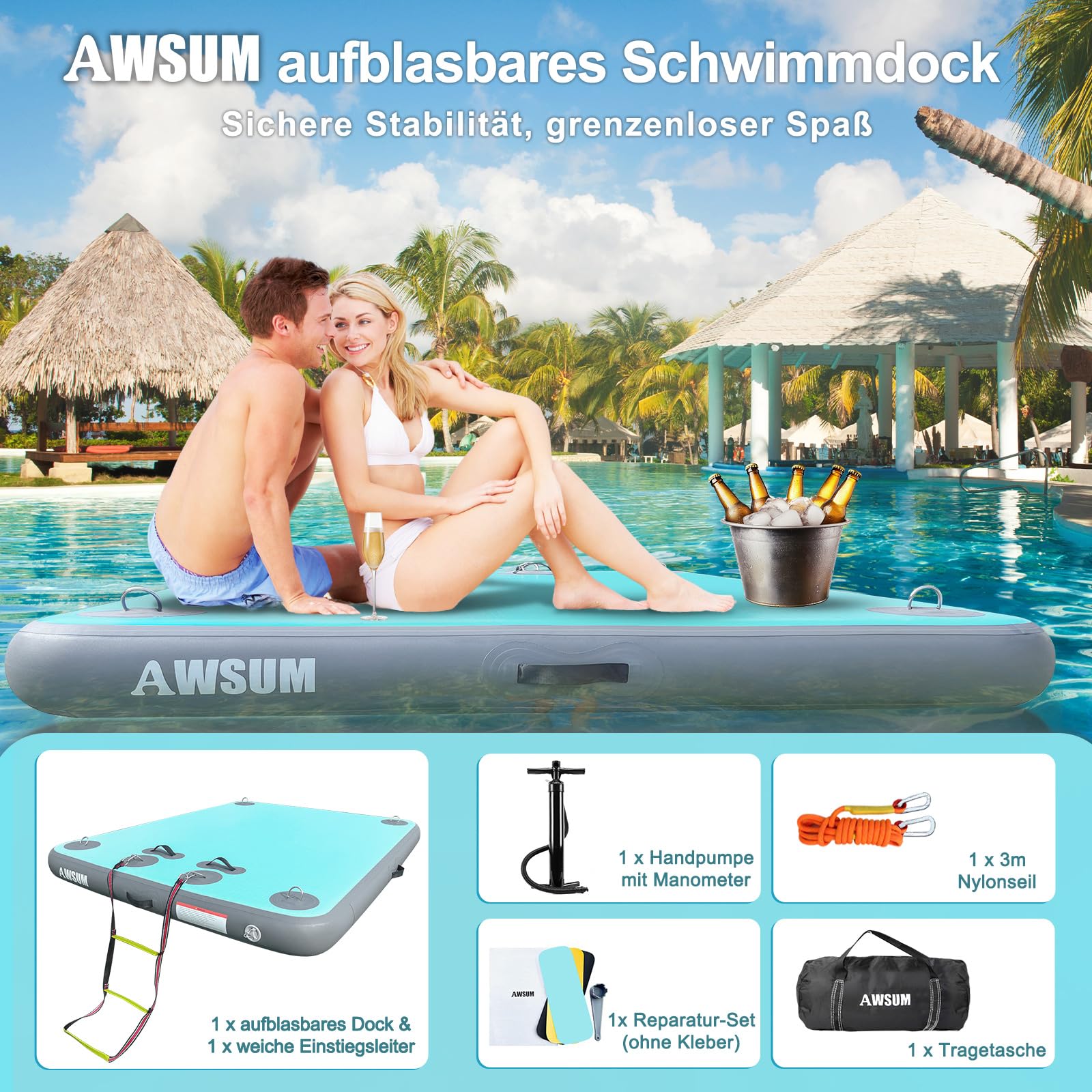 AWSUM Piattaforma gonfiabile per il nuoto Air Dock Piattaforma galleggiante Dock galleggiante Dock gonfiabile per lago, piscina, spiaggia, oceano