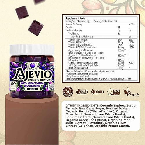 Miniatura 8 de Gomitas energéticas, sin gluten, cafeína a base de plantas, Cordyceps orgánicos y hongos melena de león, té verde, vitaminas B, veganas, sin gluten,