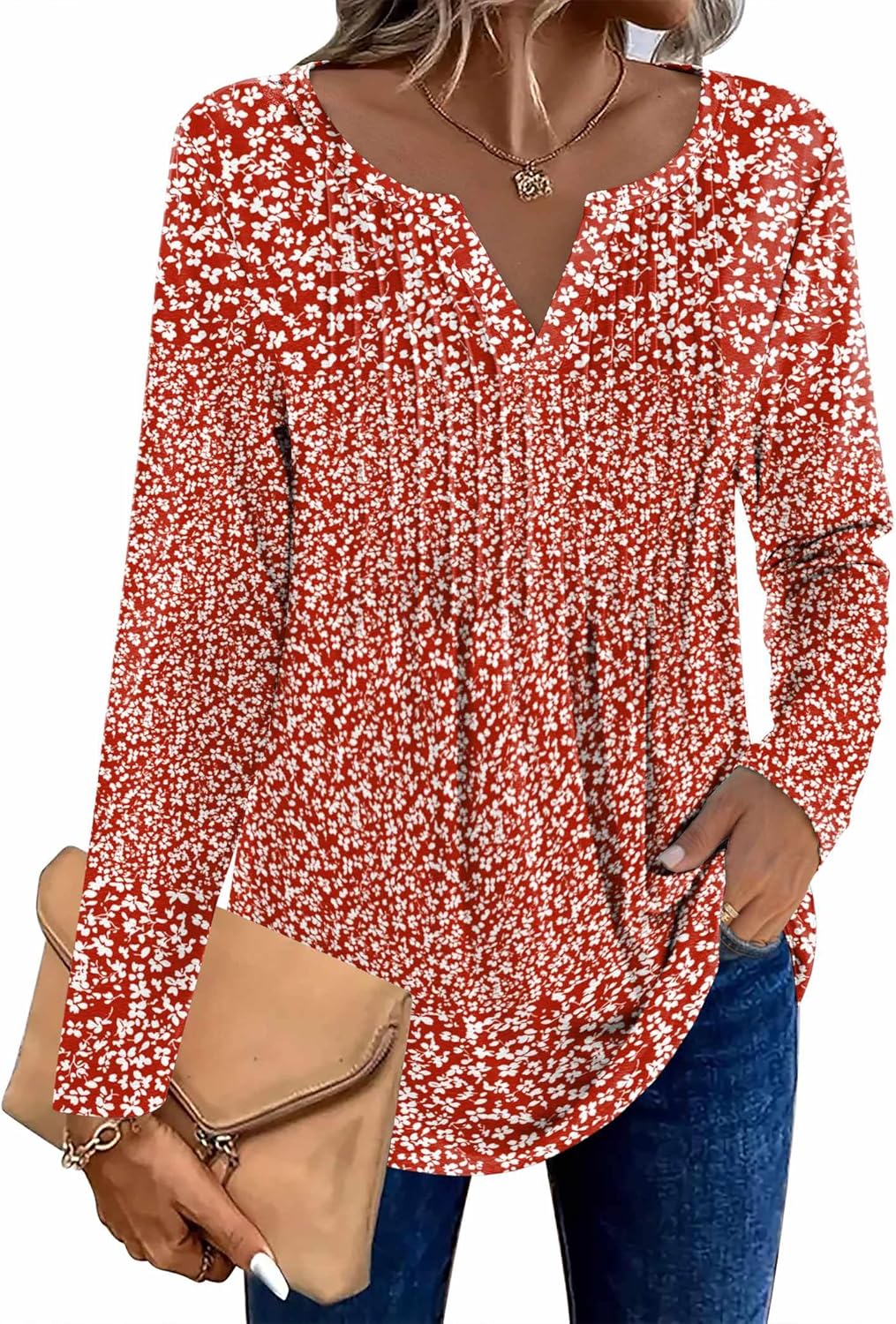 Zeagoo Womens Long Sleeve Tops 2026 V Neck Pleated Shirts Dressy Casual Tunic Blouses Loose Fit Fall Fashion Clothes - Image 2