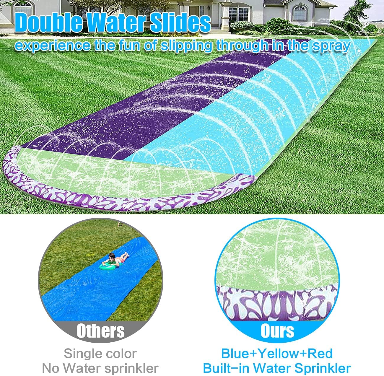 EPROSMIN Lawn Water Slides for Kids and Adults - 15.7Ft Water Slides for Kids Backyard with 2 Crash Pad and Splash Sprinkler for Outdoor,Summer Water Play : Toys & Games