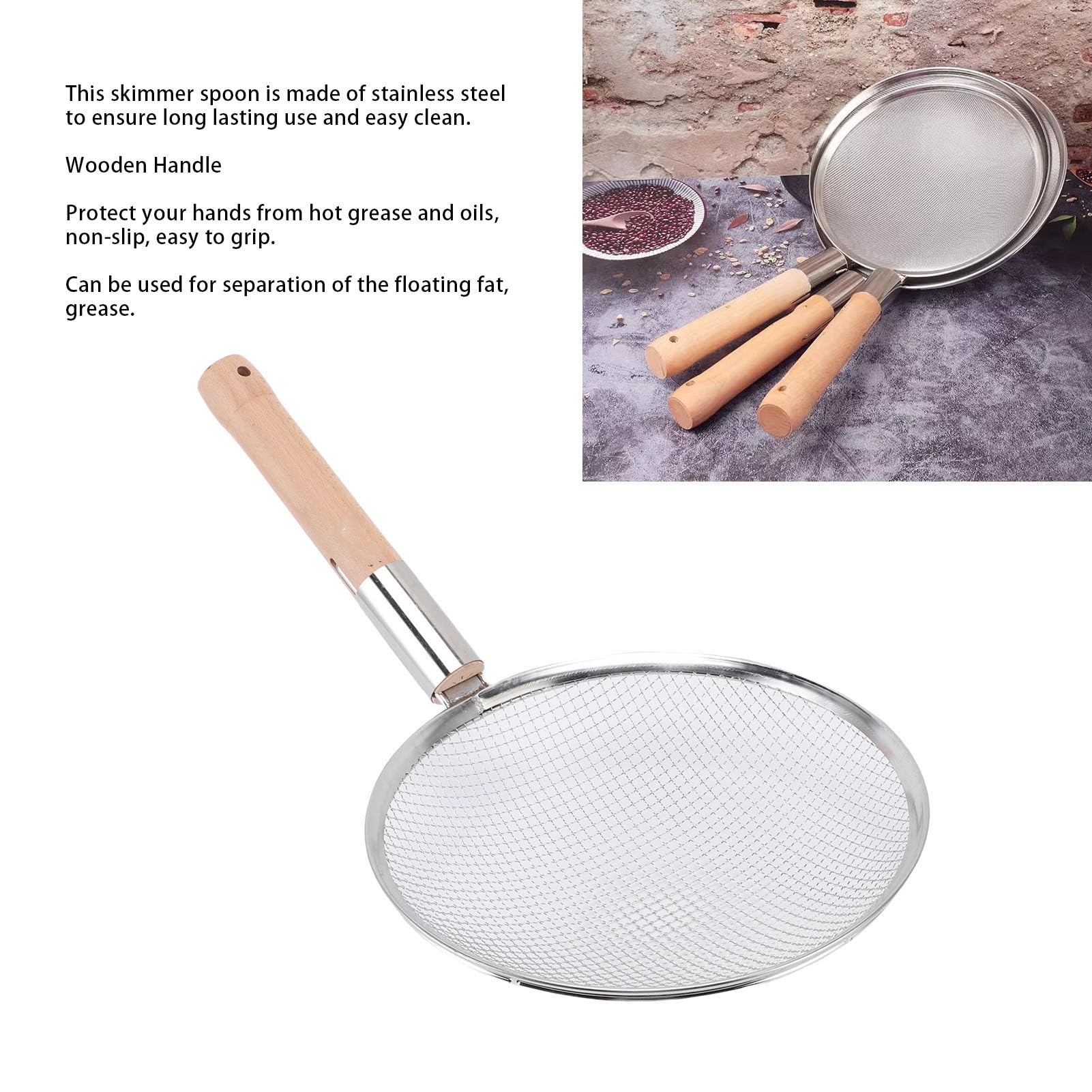 Generic Cucchiaio per Schiumarola a Maglia Fine in Acciaio Inossidabile con Manico in Legno per Domestica da 10 Pollici (28CM)