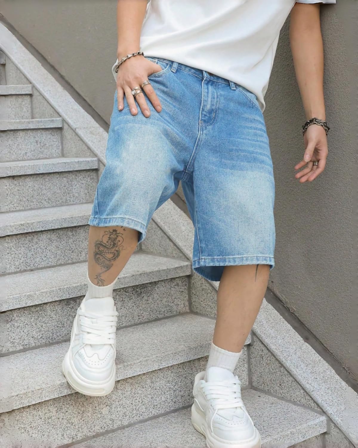 Mens Baggy Jean Shorts Loose Fit Vintage Wide Leg Jorts Y2K Streetwear Hip Hop Casual Long Denim Shorts - Image 6
