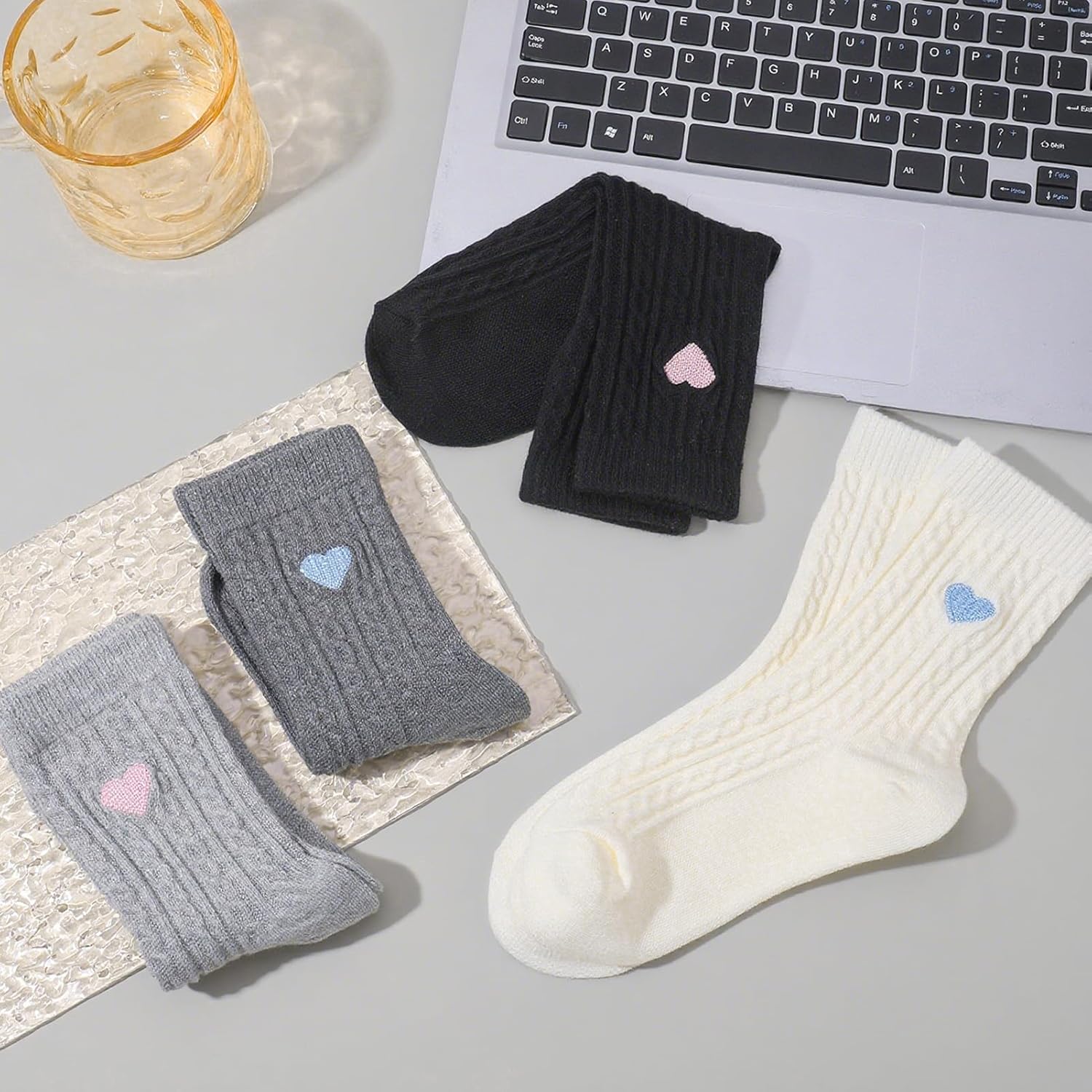 Jspupifip 4 Pairs Novelty Cute Crew Socks for Women Cozy Cotton Socks with Embroidery Heart Pattern for Everyday Casual Wear - Image 3