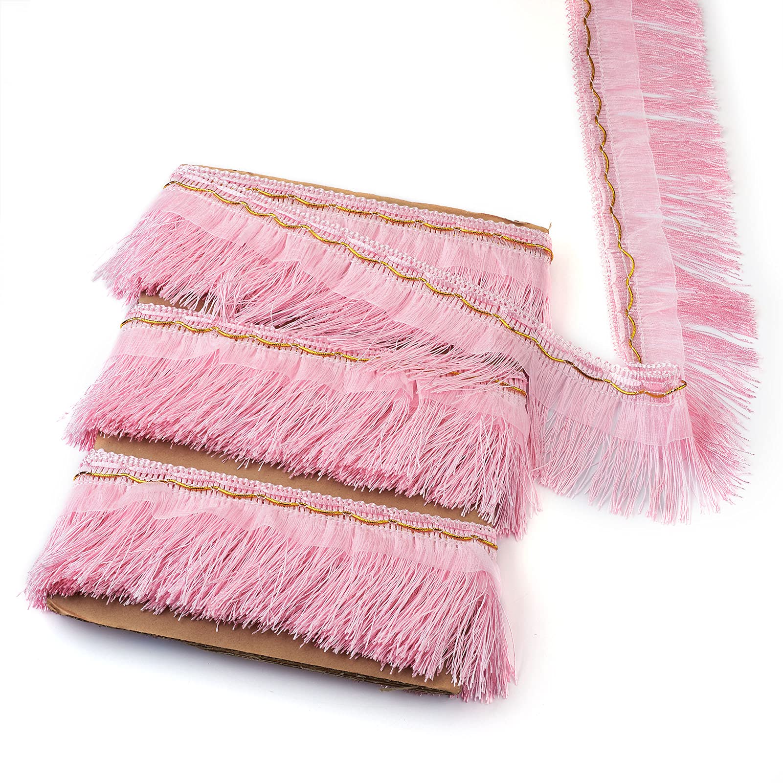 Beadthoven 12 Meters Fringe Trim Lace, 10 cm Width Fibre Lace Trim Fringe Samba Dance Clothing Curtain Trim Polyester Sewing Embroidered Ribbon, Pearl Pink