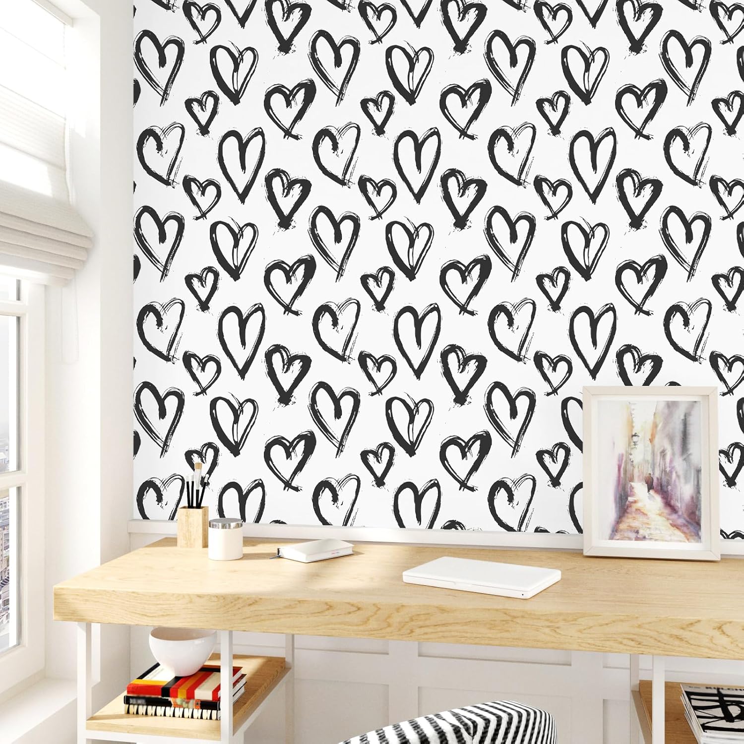 Black and White Wallpaper Modern Scrawl Heart Wallpapers Peel and Stick Removable Minimalist Contact Paper for Countertops Cabinets and Drawers Kids Room Nursery Bedroom Boho Wall Decor
