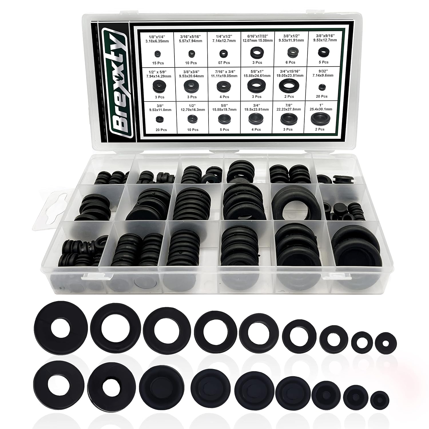 Brexxty 125 Pcs Rubber Grommets for Wiring—18 Different Sizes— Includes Automotive Grommet Rubber & Wire Rubber Grommet Kit (1/4” 9/32” 5/16” 3/8” 1/2” 17/32” 5/9” 9/16” 5/8” 3/4” 7/8” 15/16” 1”)
