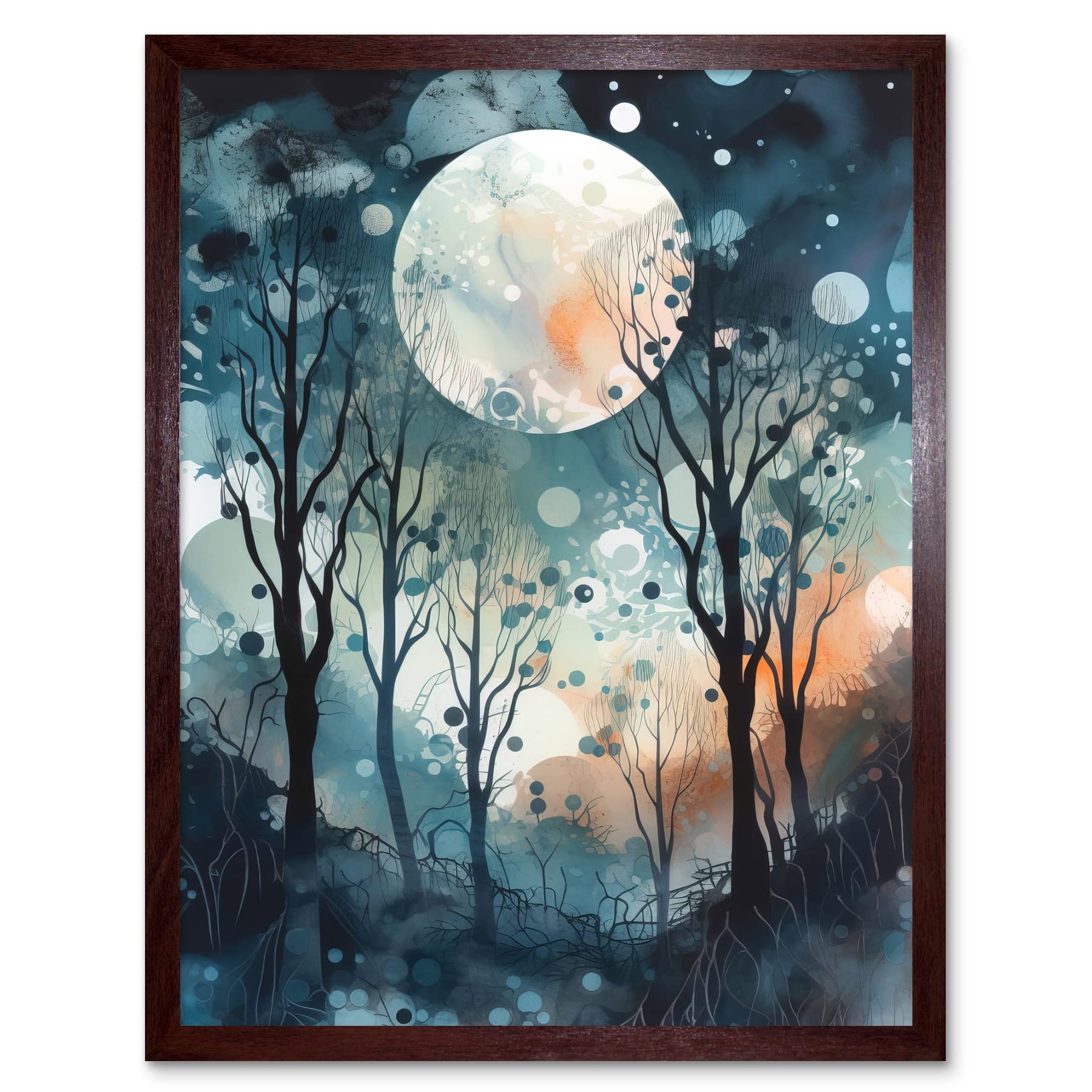 Artery8 Full Moon Winter Forest Landscape Snowfall over Trees at Night Art Print Framed Poster Wall Decor 12x16 inch