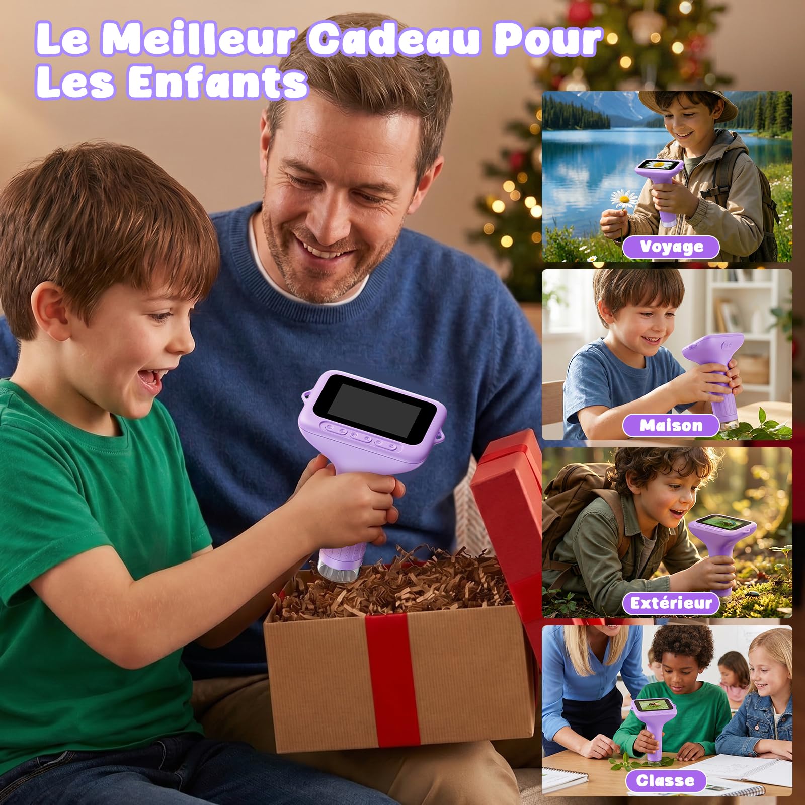 Microscope Numérique Enfants 1000x, Microscope Portable Enfants avec écran HD de 3 Pouces, Fonction Photo et Compatible PC pour Jardin, Forêt et Activités en Plein Air (Violet)
