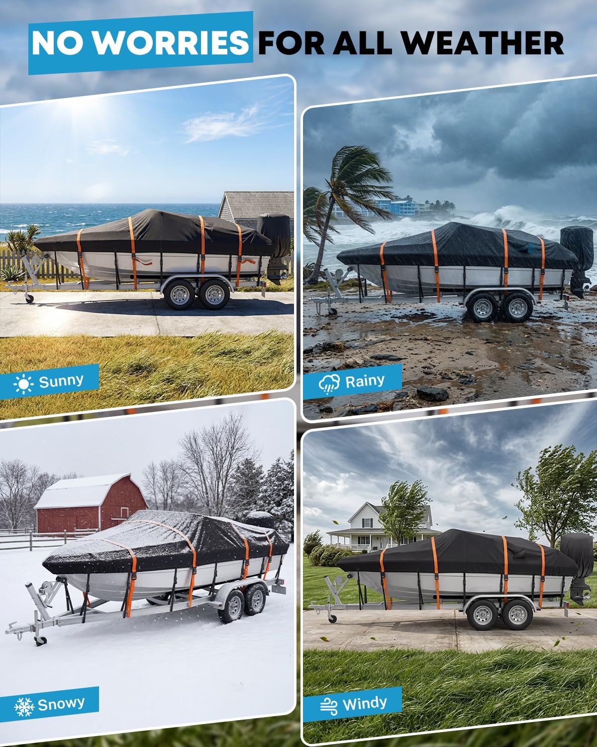 Kohree Boat Cover 16-18.5ft, Heavy Duty 1200D Marine-Grade Waterproof, Extra 4 Extended Straps, Trailerable & Wind-Resistant, Fits V-Hull, Fish & Ski, Pro-Style, Runabout, Bass Boats, up to 94" Wide