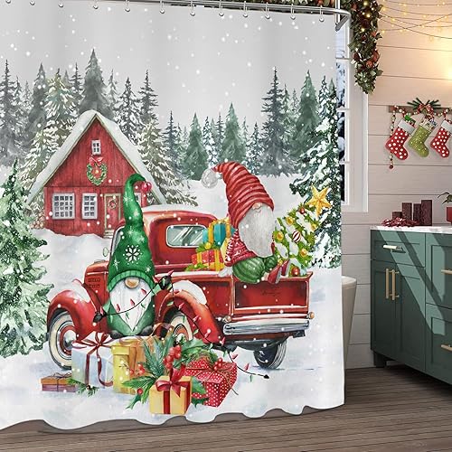 Miniatura 4 de Cortina de ducha de gnomo de Navidad, árboles de Navidad, camión, camión enano, cortina de ducha de tela impermeable, bonita cortina de ducha de