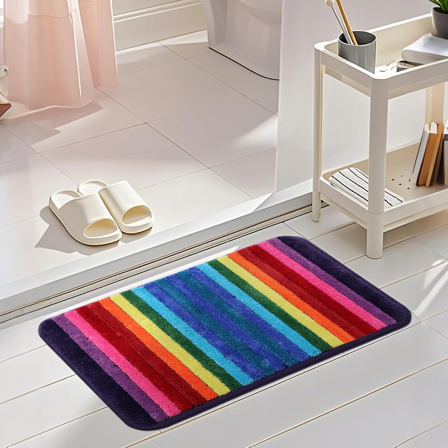 Bath Rugs for Bathroom Rainbow Bathroom Rugs Colorful Microfiber Plush Bath Mat Soft and Absorbent Bath Carpet Non-Slip Backing 20"x32"