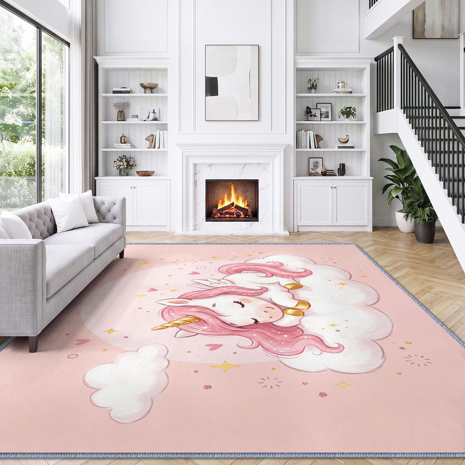 Tapis de Salon Lavable en Machine 160 x 230 cm, Dessin Animé Fantastique Animaux Licorne Tapis Chambre, Antidérapant, Poils Courts, Douce, Adapté à L'aspirateur pour Entree Interieur, Couloir, Rose