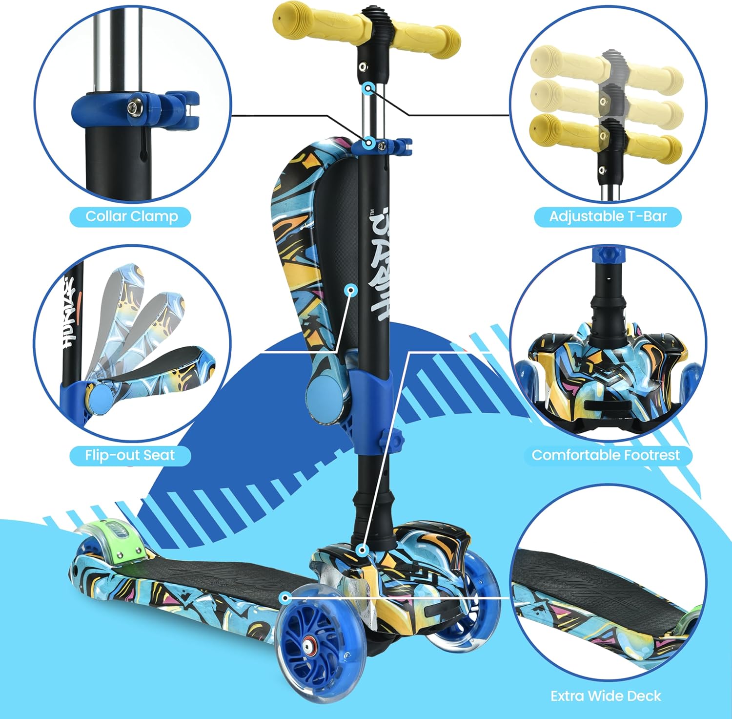 Hurtle 3-Wheeled Scooter for Kids - Wheel LED Lights, Adjustable Lean-to-Steer Handlebar, and Foldable Seat - Sit or Stand Ride with Brake for Boys and Girls Ages 1-14 Years Old - Image 3
