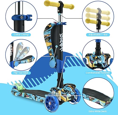Vista 41 de Hurtle Patinete de 3 ruedas para niños, luces LED de ruedas, manubrio ajustable de inclinación para dirigir y asiento plegable, paseo sentado