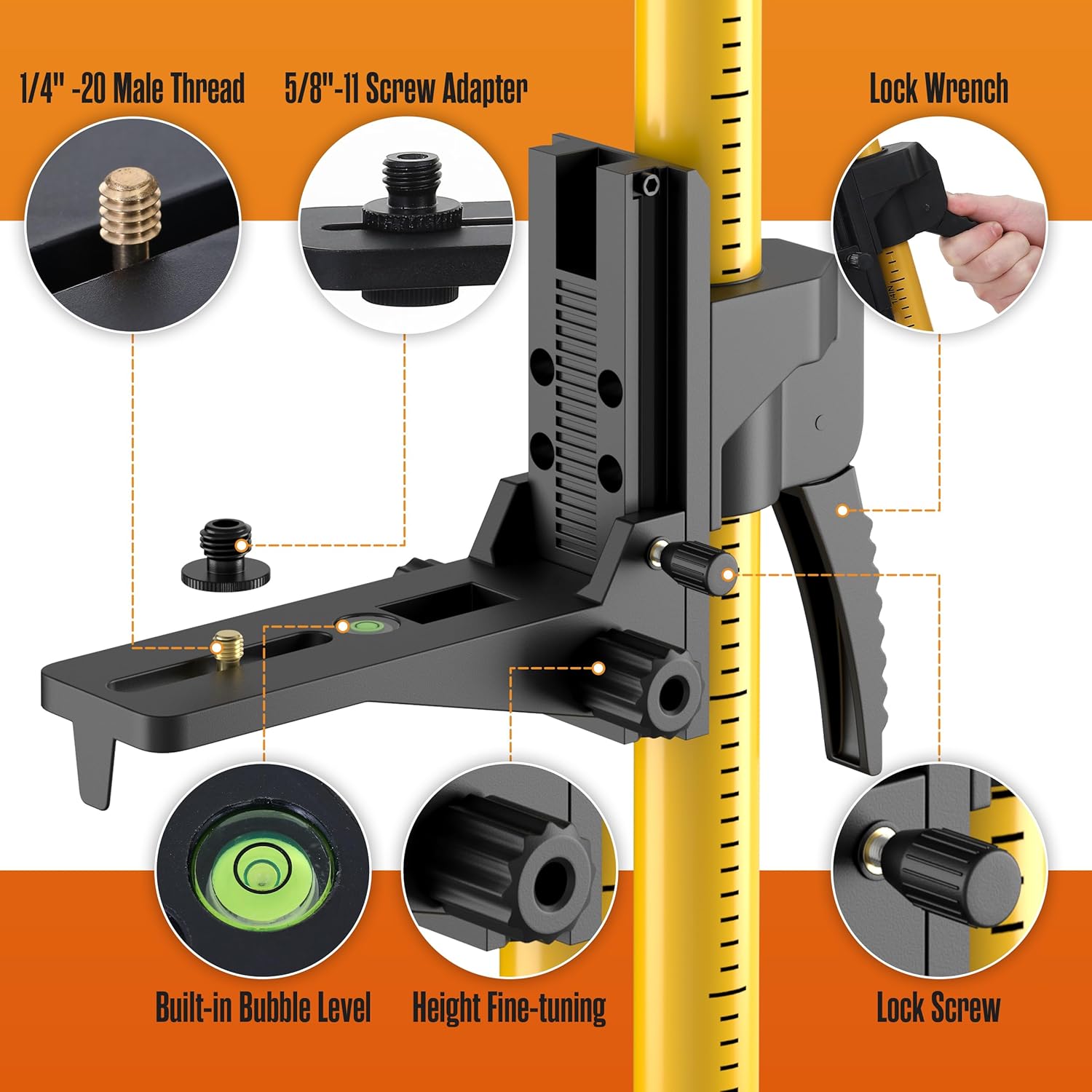 Houseables Laser Level Stand, Laser Level Pole, Lazer Tripod Stand, Lazer Pole, Tripie Mount, Rotary Line, Accessories, Adjustable, Tall, Telescoping, Construction, 1/4" & 5/8" Thread, 12 ft, 3.7 M