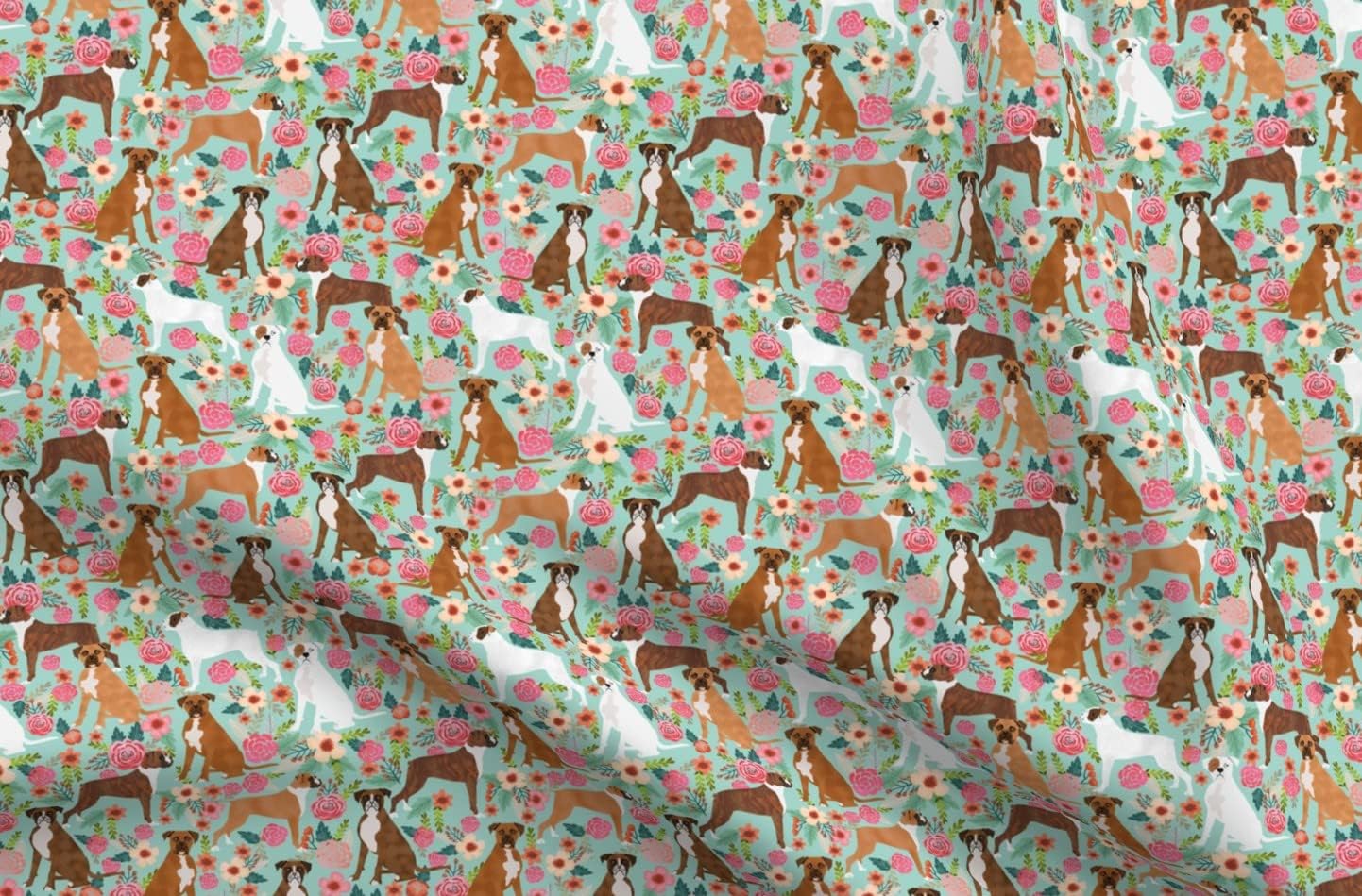 Spoonflower Fabric - Boxer, Dog Breed, Vintage Style, Florals, Mint Green, Flowers, Dogs, Printed on Upholstery Velvet Fabric Fat Quarter - Upholstery Home Decor Bottomweight Apparel