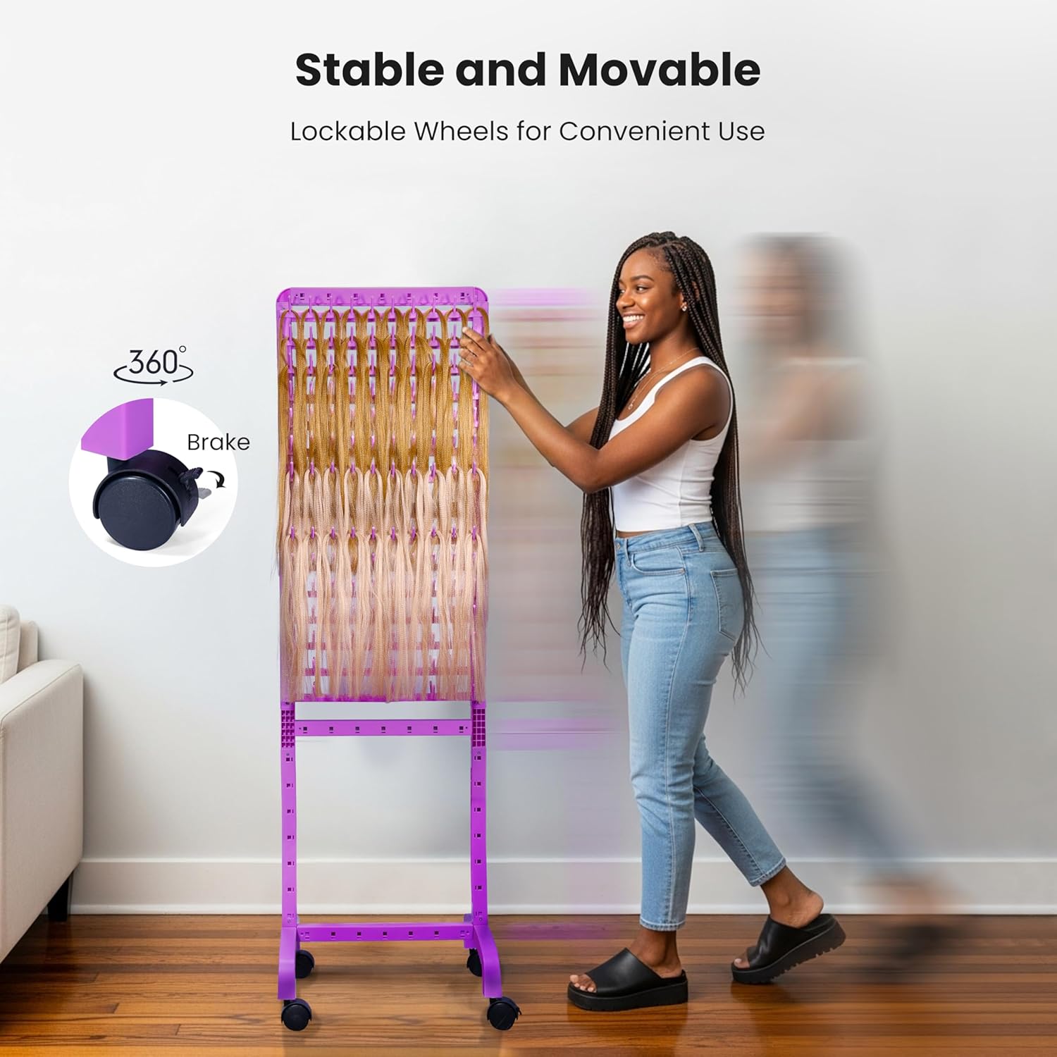 Braiding Hair Rack 280 Pegs, Height Adjustable, Mobile Braid Rack with Wheels, Standing Braider Rack Hair Stand Divider Separator Hair Extension Holder Hanger for Salon Home