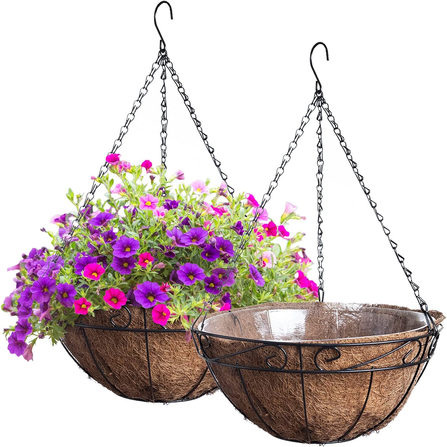 Royal Imports Metal Hanging Planter Flower Basket with Coco Coir Liners 13" Round Wire Outdoor Porch Balcony Garden Décor, Set of 2