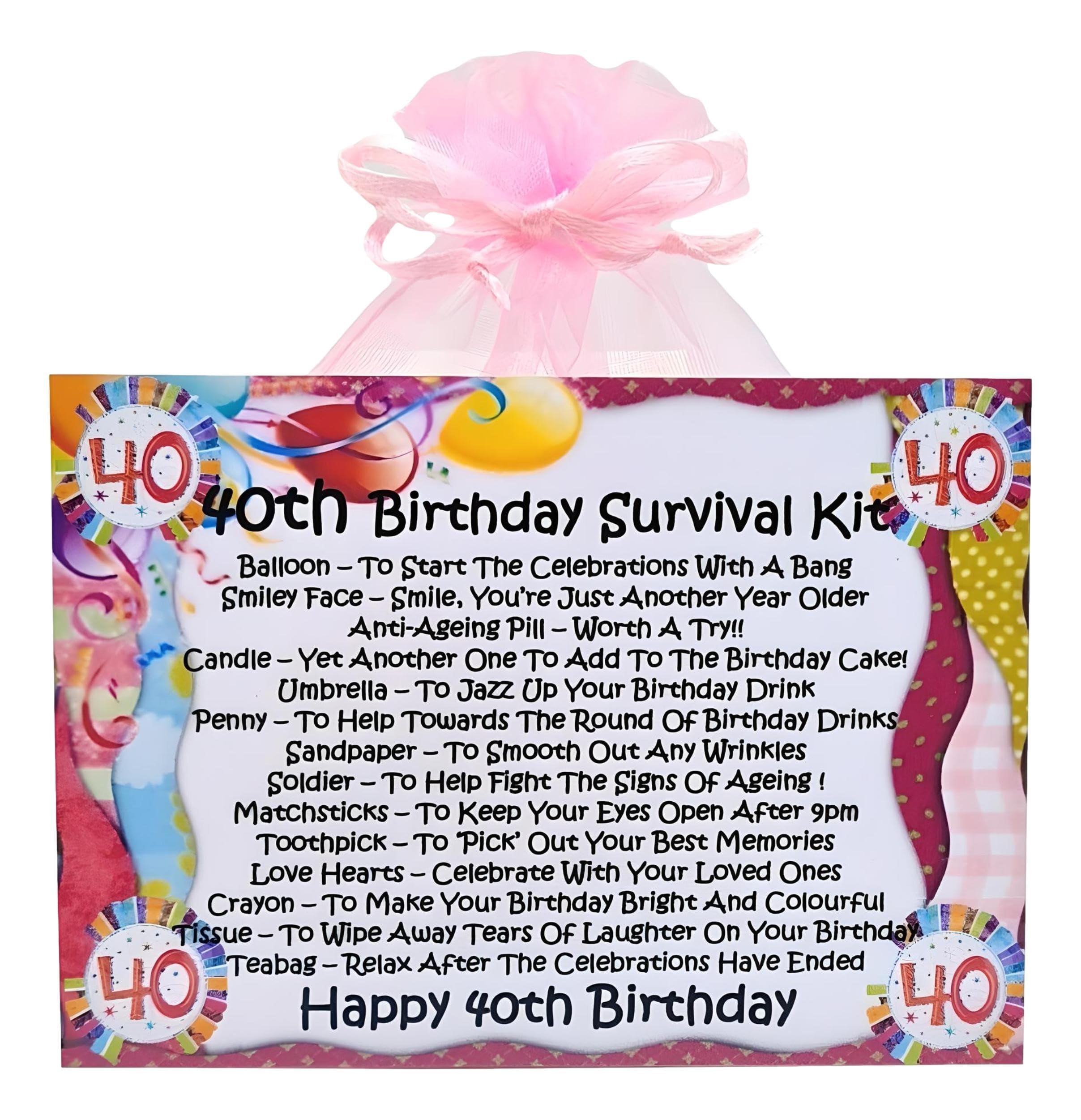 40th Birthday Survival Kit ~ (Pink) ~ Unique Sentimental Novelty Gift & Greetings Card | Happy Birthday | 40th Birthday Gift | Personalised Keepsake