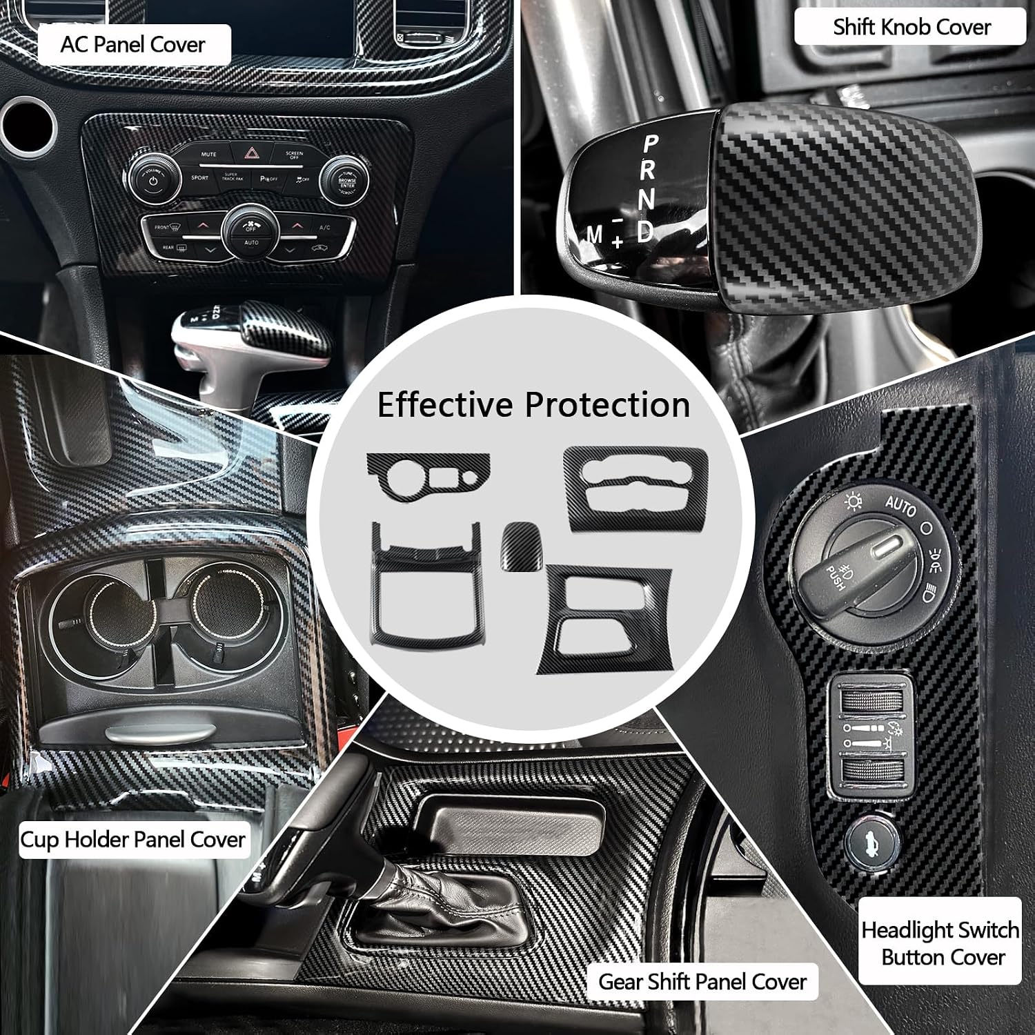 Central Control Gear Shift Panel Cover Trim for Dodge Charger 2015-2022 AC Control Cover Cup Holder Headlight Switch Button Panel Trim Cover Carbon Fiber Printing